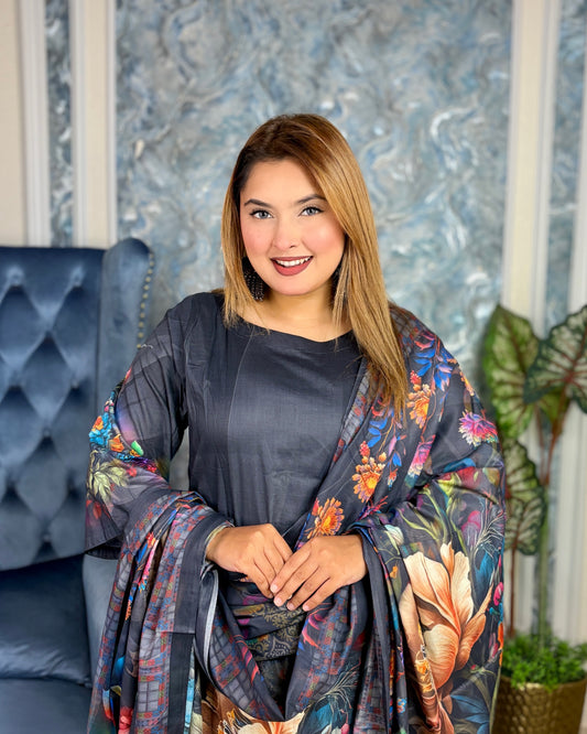 Charcoal Grey Digital Floral Printed Three-Piece