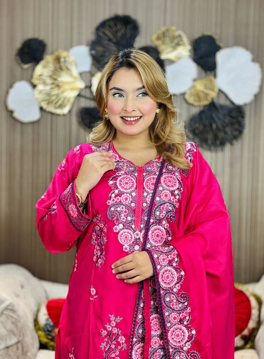 Hot Pink Embroidered Three-Piece