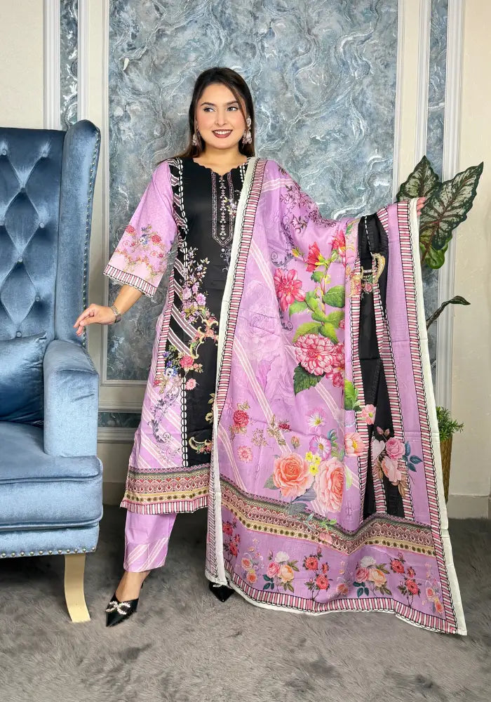 Elegant Lime Green & Black Floral Eid Three-Piece Suit