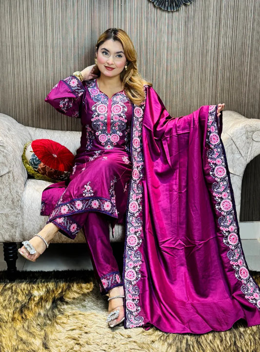 Hot Pink Embroidered Three-Piece