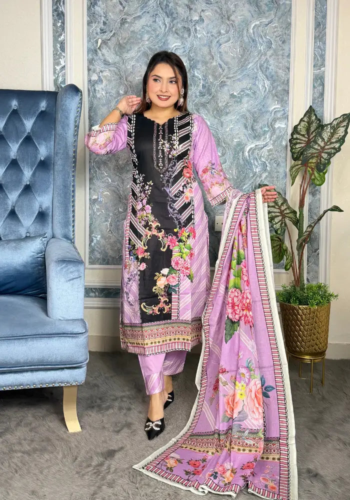 Elegant Lime Green & Black Floral Eid Three-Piece Suit